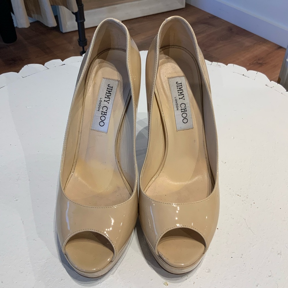 Jimmy Choo Nude Patent Leather Peep Toe Pumps